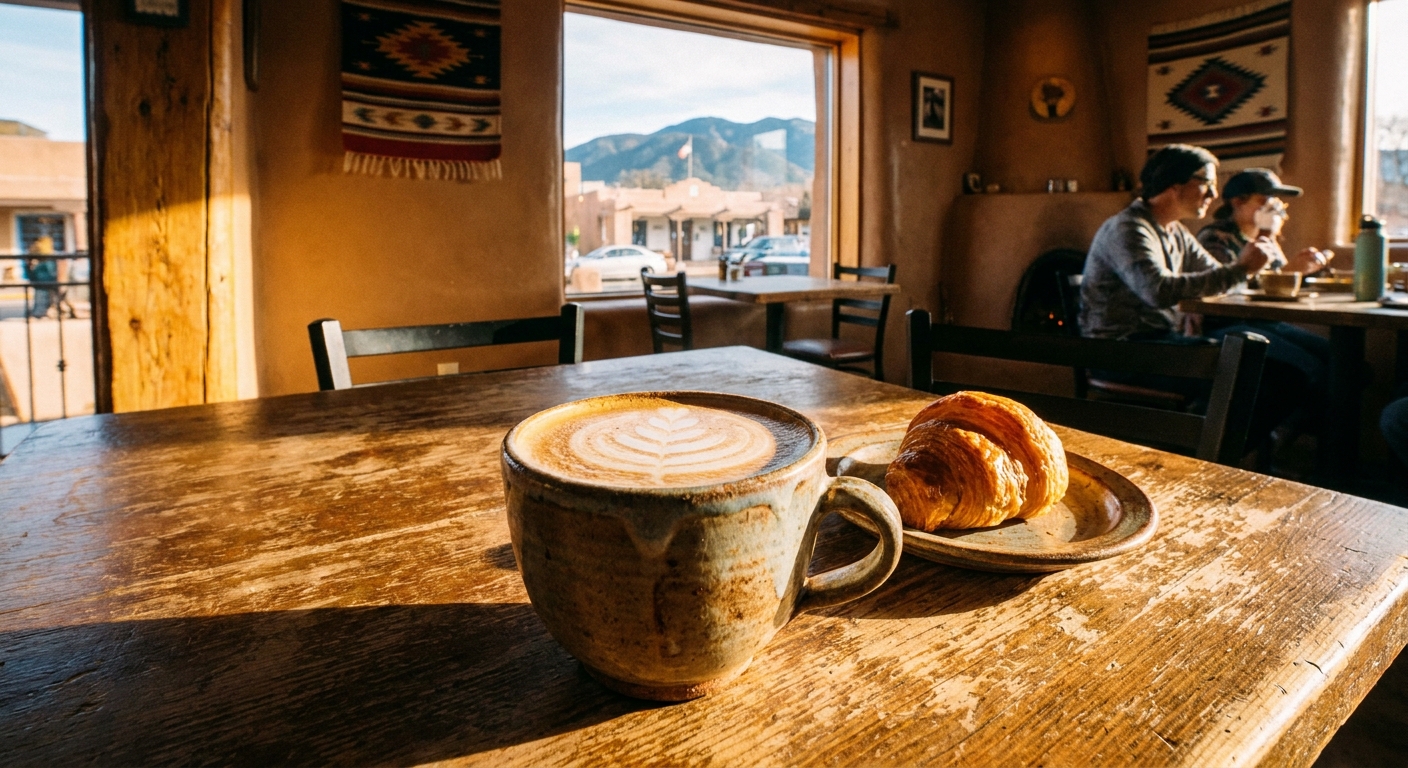 A real photograph of a latte served in a handmade pottery cup on a wooden table at a Taos cafe, with warm window light and a small pastry on a plate
