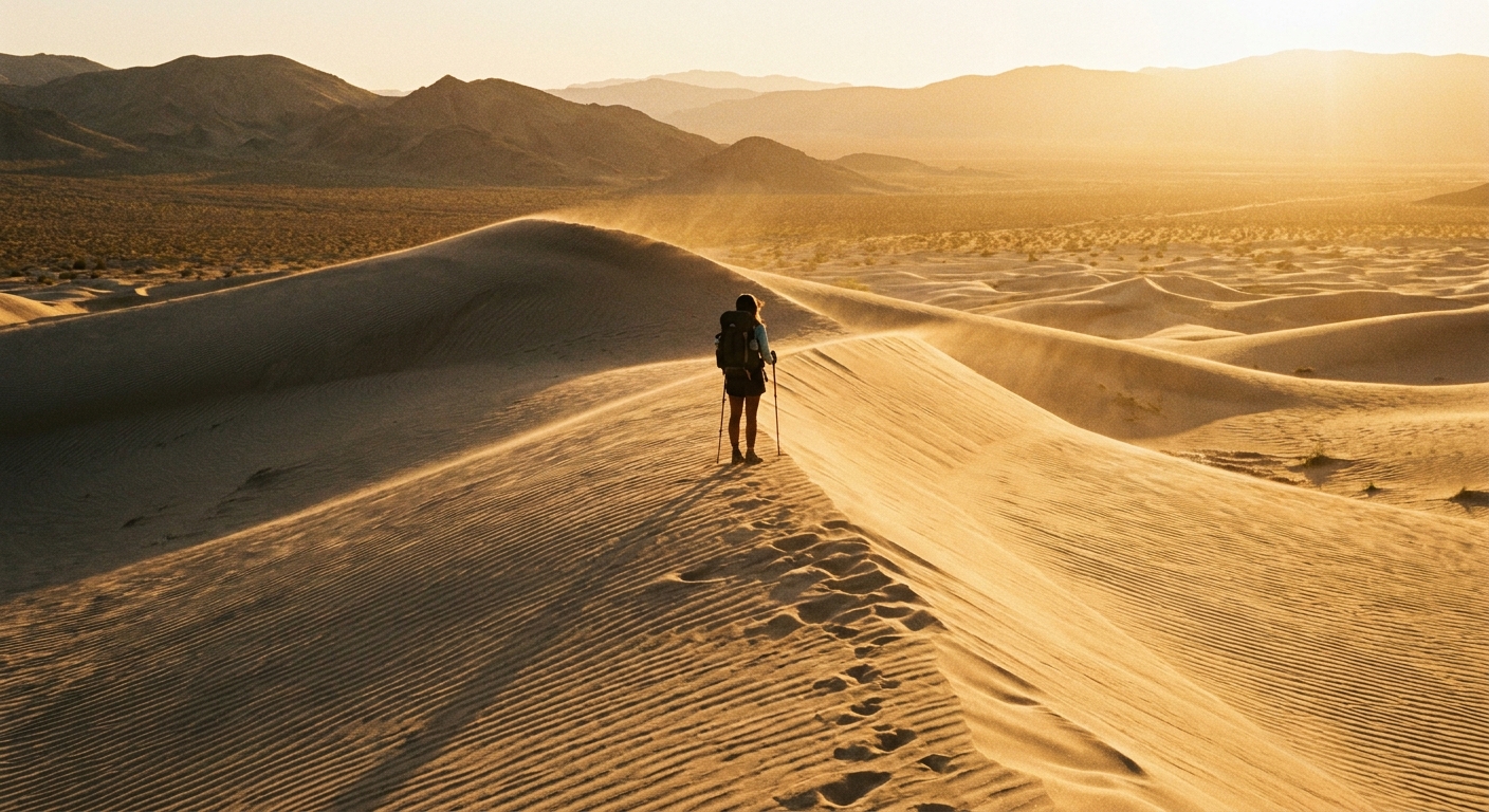 A real photograph of a lone hiker standing on a wind-carved ridge at Kelso Dunes in Mojave National Preserve during golden hour, with rippled sand textures and distant desert mountains
