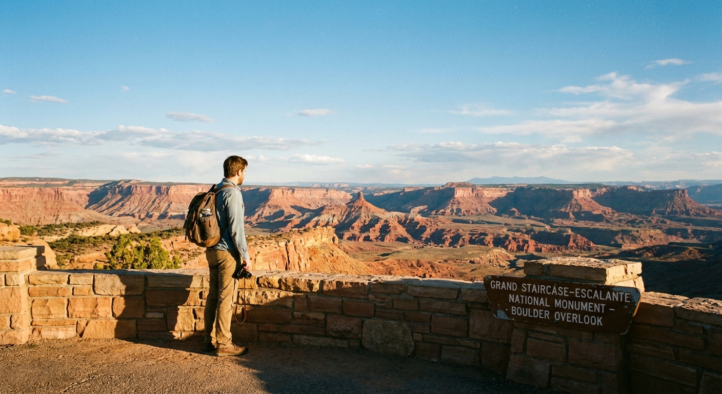 A real photograph of a lone traveler standing at a Utah Highway 12 overlook near Boulder, looking across layered red rock mesas under a wide blue sky in late afternoon light