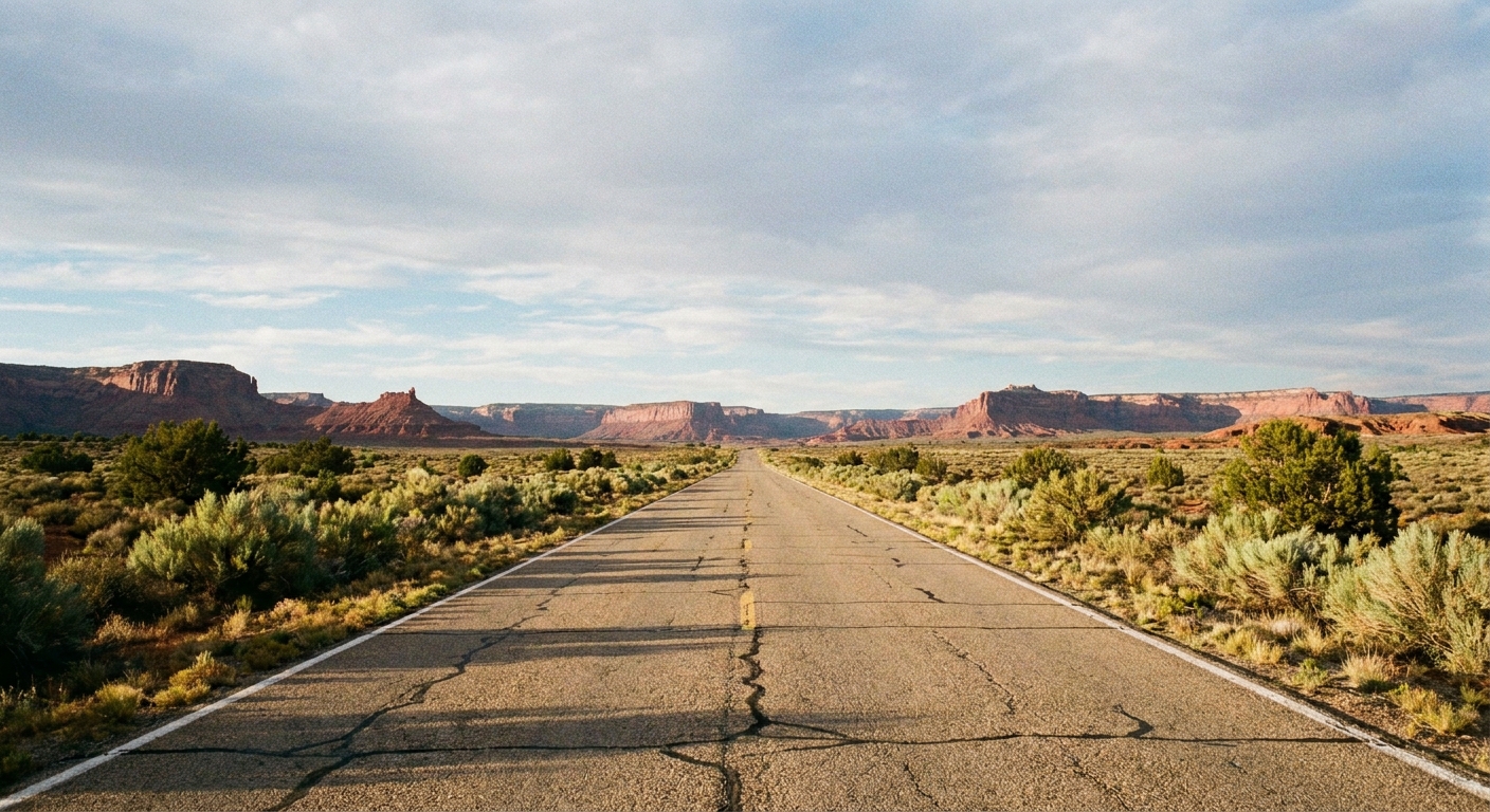 A real photograph of a long, straight two-lane highway in northern Arizona desert country with red rock formations on the horizon and a wide open sky