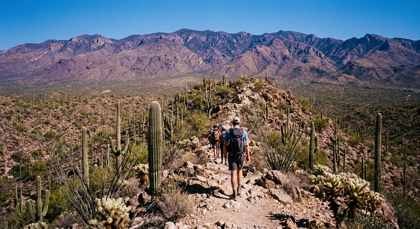 A real photograph of a narrow desert ridge trail with saguaros below and sweeping views toward the Rincon Mountains under clear daylight