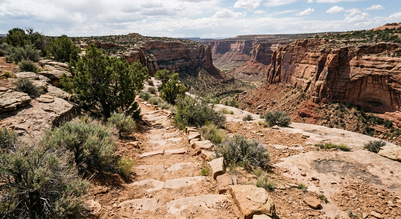 A real photograph of a narrow desert trail descending from the mesa rim into White Canyon at Natural Bridges National Monument, with sandstone steps, scattered shrubs, and canyon walls rising ahead