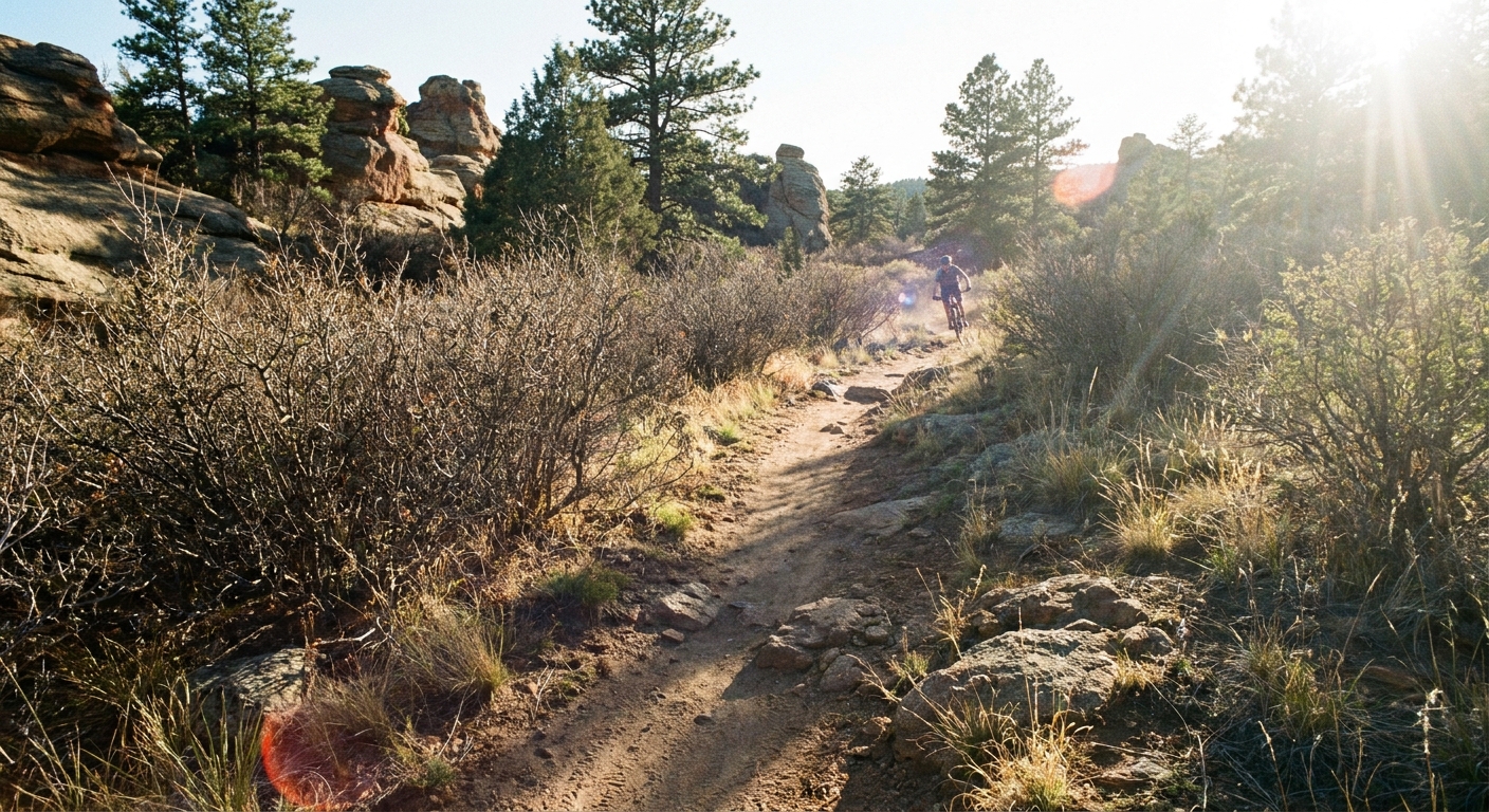 A real photograph of a narrow dirt singletrack trail in Ute Valley Park with scrub oak and foothill terrain under bright Colorado sunlight