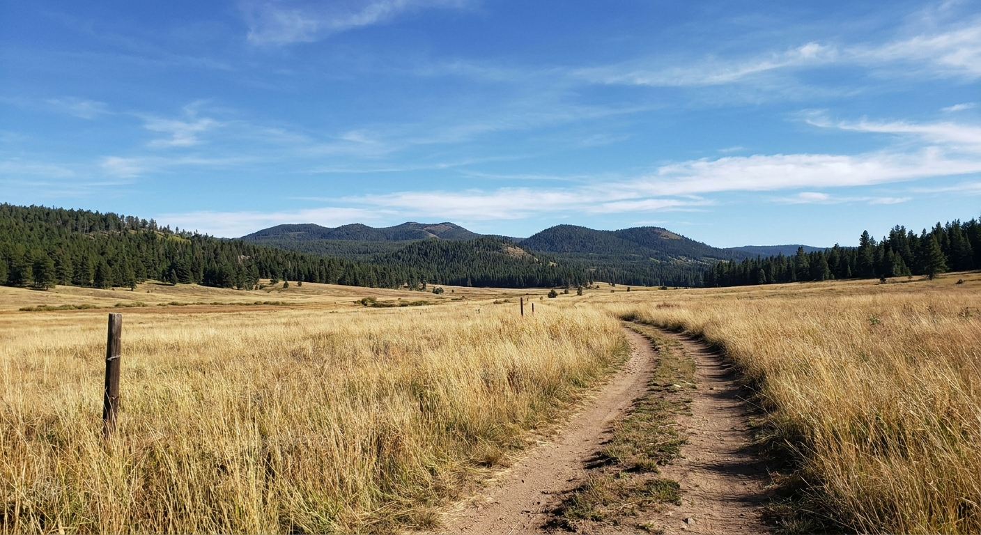 A real photograph of a narrow dirt trail cutting through tall meadow grass in Valles Caldera, with distant pine trees and a wide blue sky