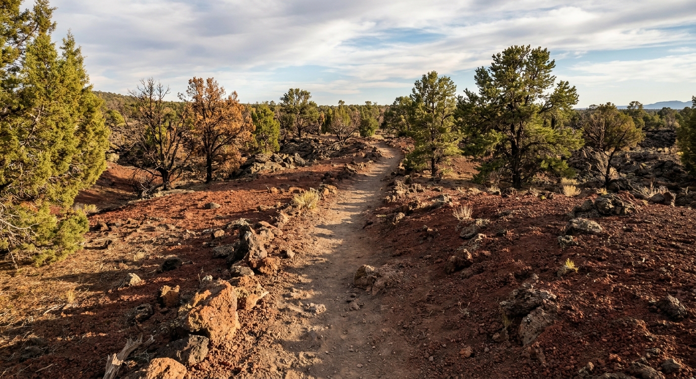 A real photograph of a narrow hiking trail crossing reddish volcanic cinders and broken basalt near El Calderon in El Malpais National Monument