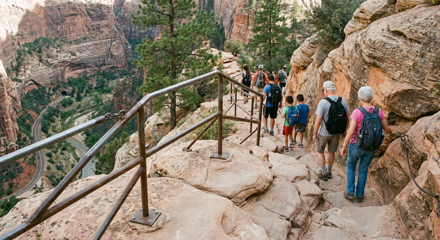 A real photograph of a narrow rocky section of the Canyon Overlook Trail in Zion with a metal safety railing and hikers passing carefully