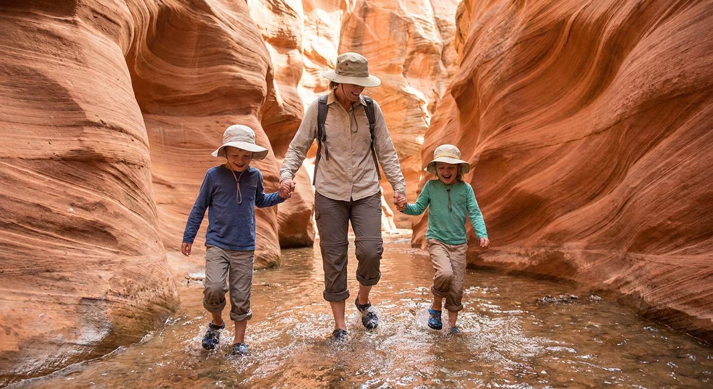 A real photograph of a parent and two children in sun hats walking along a shallow stream in Willis Creek Slot Canyon, with smooth sandstone walls rising on both sides