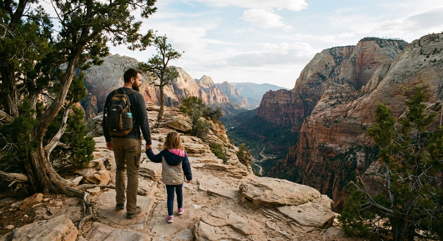 A real photograph of a parent holding a child’s hand on the Canyon Overlook Trail in Zion, walking along a rocky path with canyon views in the background