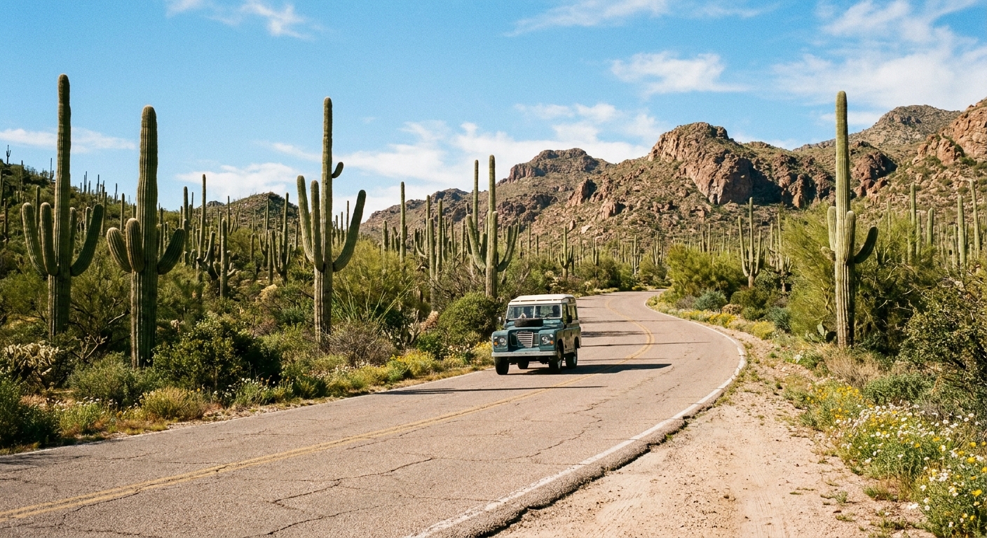 A real photograph of a paved desert road curving through a dense forest of saguaro cacti in the Tucson Mountain District, with rocky hills under a bright blue Arizona sky