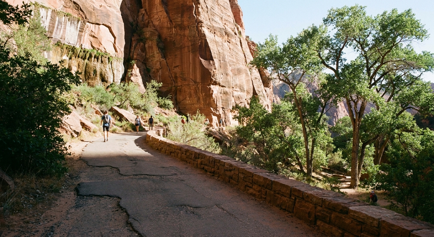 A real photograph of a paved hiking path with a low stone retaining wall leading toward a sandstone cliff and cottonwood trees on the Lower Emerald Pool trail in Zion