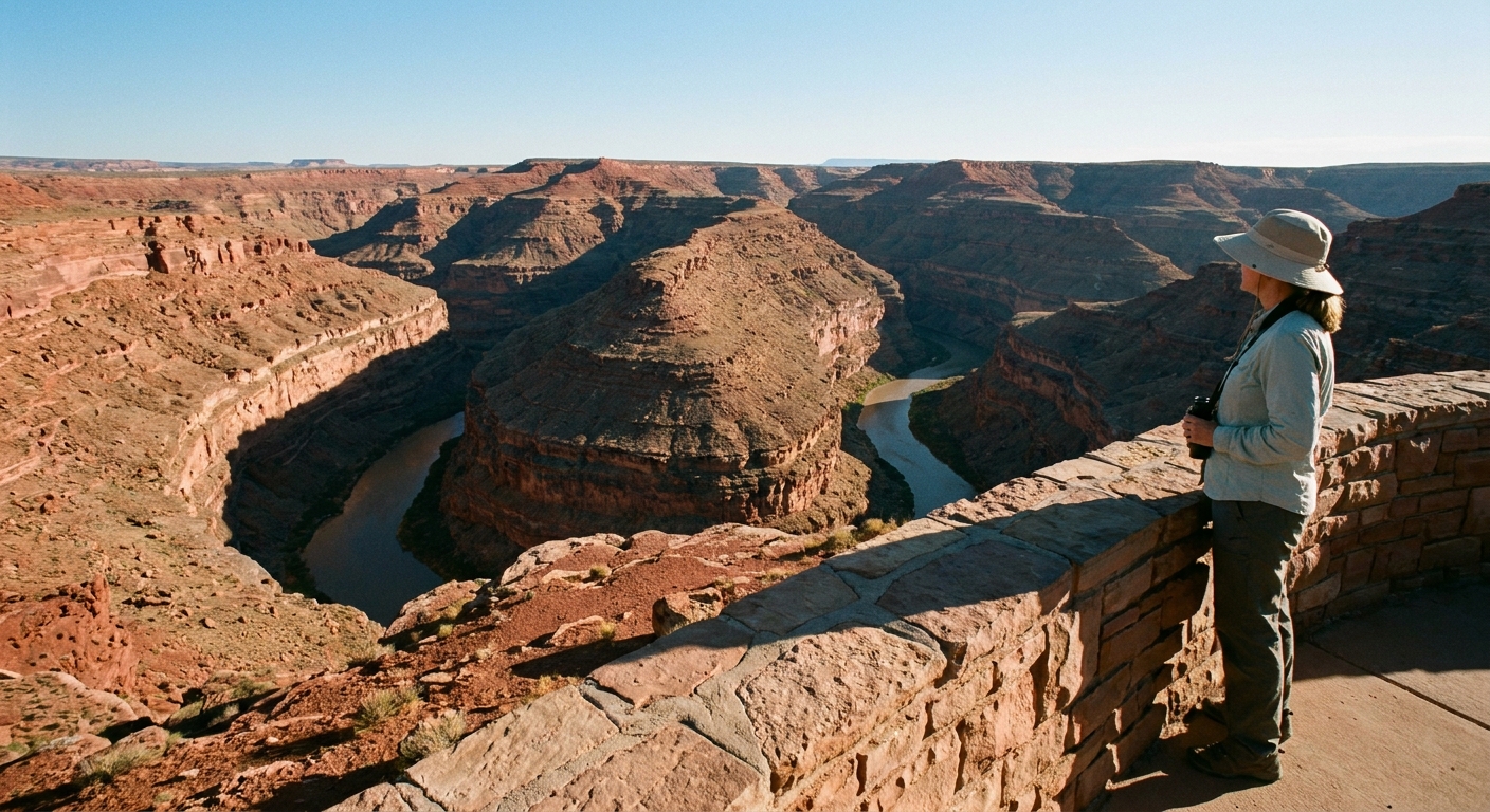 A real photograph of a person standing safely back from the canyon edge at Goosenecks State Park, looking out over the winding river bends under a clear desert sky