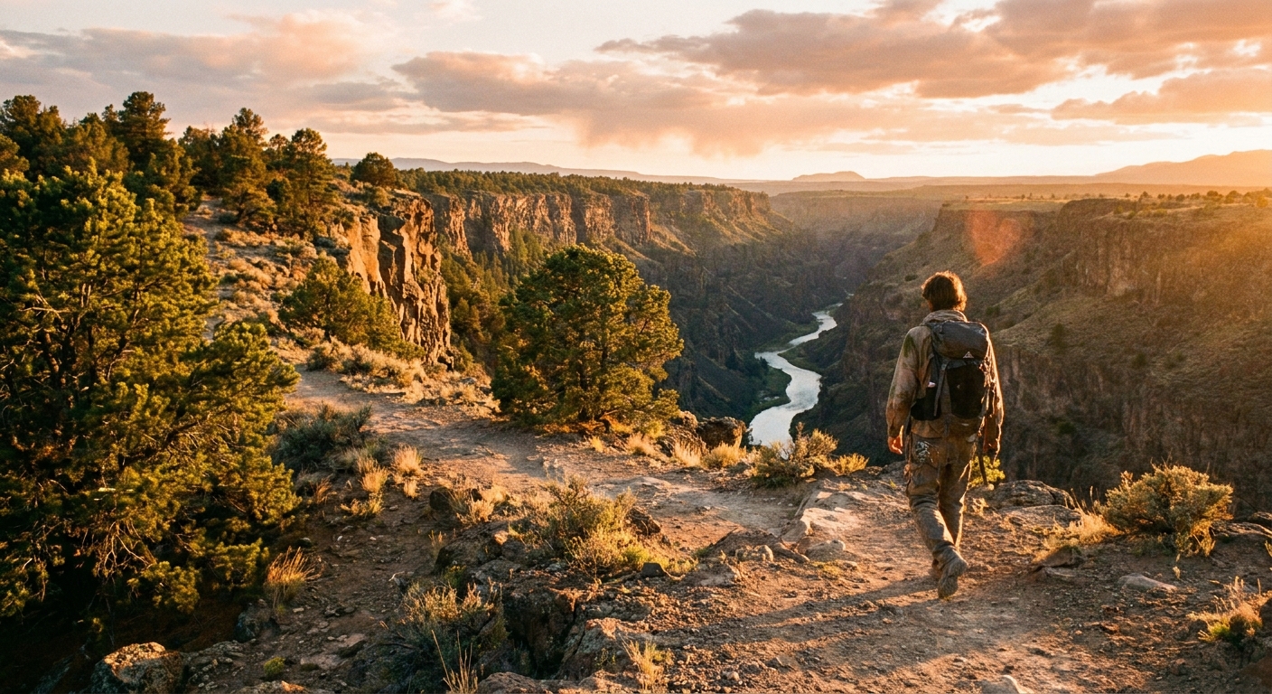 A real photograph of a person walking along a Rio Grande Gorge rim trail near Taos at sunset, with the canyon stretching into the distance and golden light on the rocky landscape
