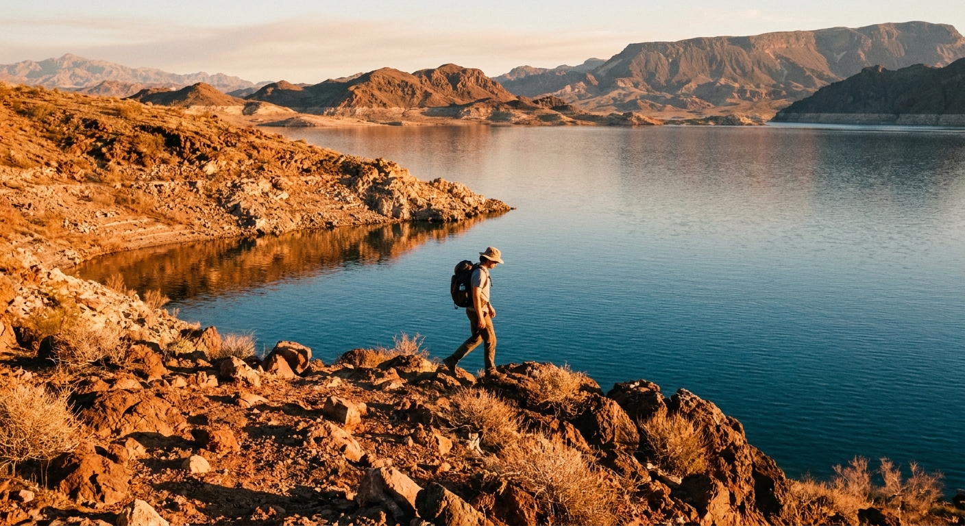 A real photograph of a person walking along a rocky Lake Mead shoreline at golden hour with calm blue water and desert mountains in the background