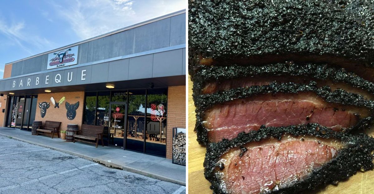 A real photograph of a pitmaster slicing smoked brisket on a wooden cutting board behind a barbecue counter, with smoke haze and trays in the background