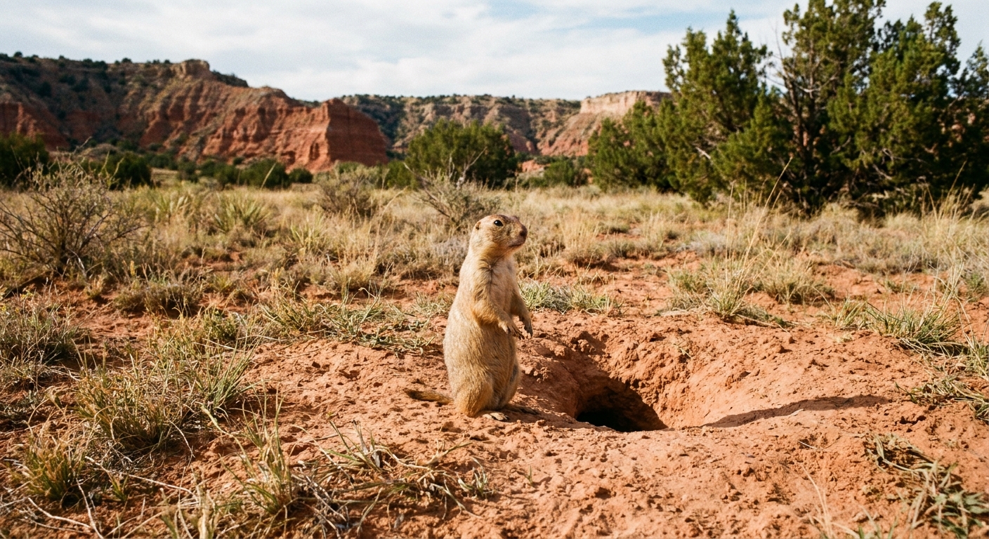 A real photograph of a prairie dog standing upright near the entrance of a burrow in Palo Duro Canyon, with sandy soil and low grasses in the background