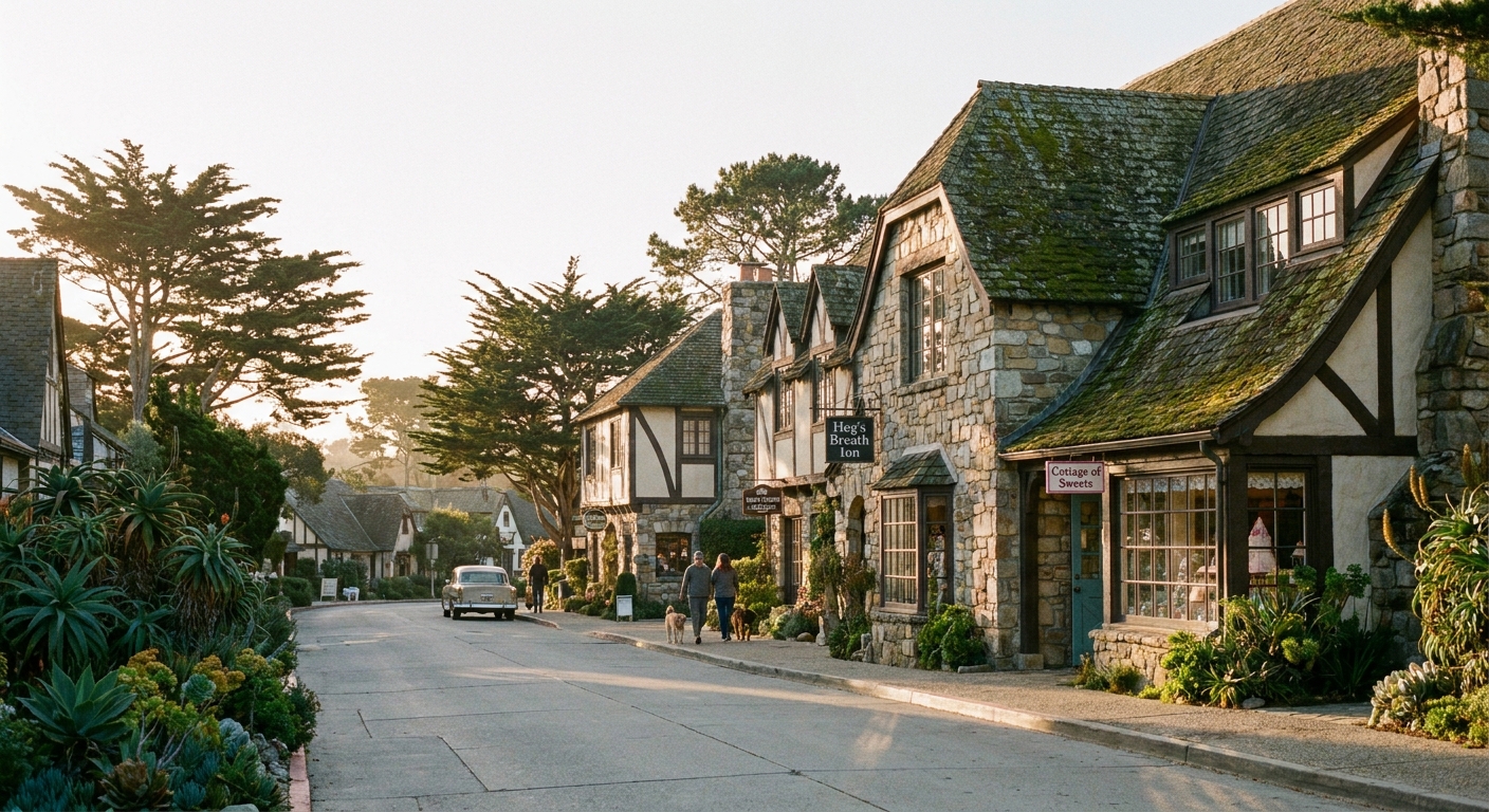 A real photograph of a quiet Carmel-by-the-Sea street in late afternoon with small storefronts, coastal greenery, and soft golden light