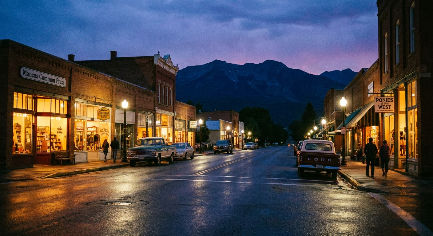 A real photograph of a quiet evening on Main Street in Mancos, Colorado, with warm storefront lights, a few parked cars, and mountains faintly visible in the distance