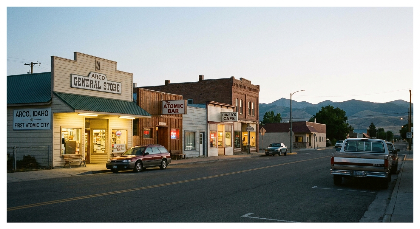 A real photograph of a quiet main street in Arco, Idaho in the early evening light, with a few small storefronts and parked cars creating a modest small-town road trip stop feel