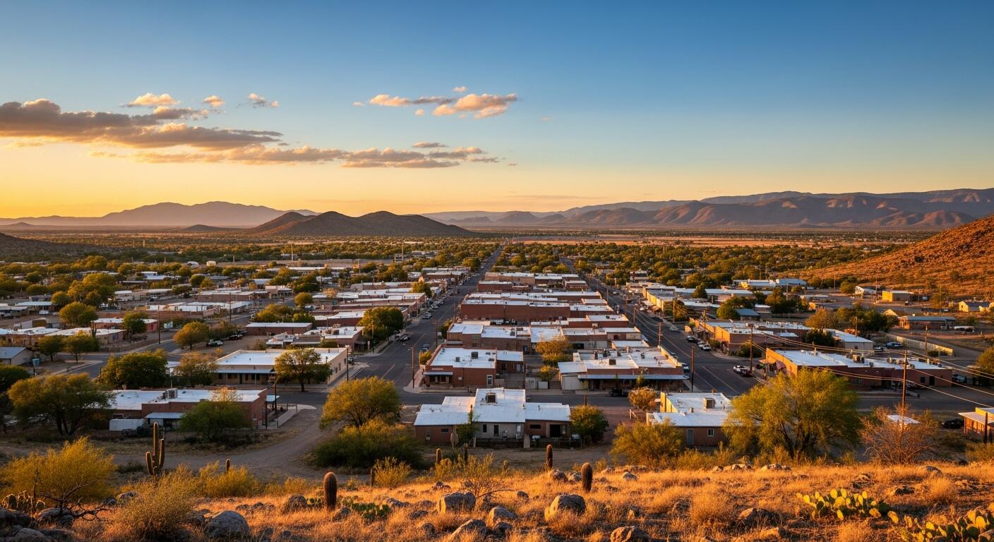 A real photograph of a quiet main street in Willcox, Arizona at sunset with warm light on low historic buildings and a few parked cars