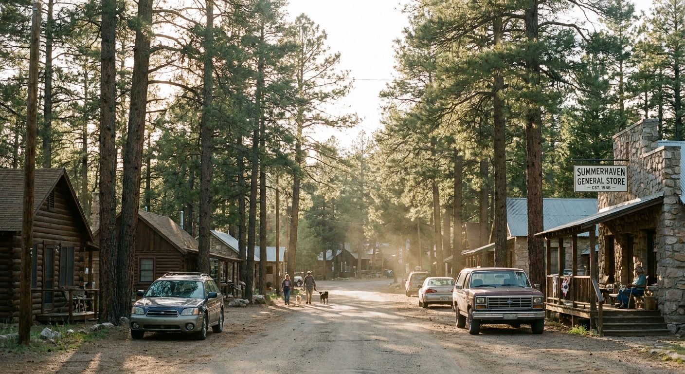 A real photograph of a quiet street in Summerhaven on Mount Lemmon with tall pine trees, a few parked cars, and rustic mountain buildings in soft afternoon light