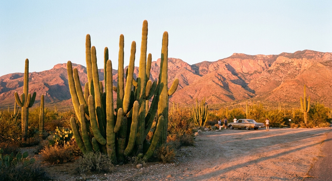 A real photograph of a roadside pullout along Cactus Forest Drive with a dense cluster of saguaro cacti and distant mountains under late afternoon light