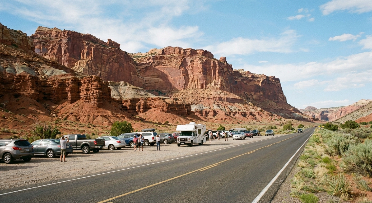 A real photograph of a roadside pullout along Route 24 in Capitol Reef with parked cars, red rock cliffs rising behind, and a wide desert shoulder