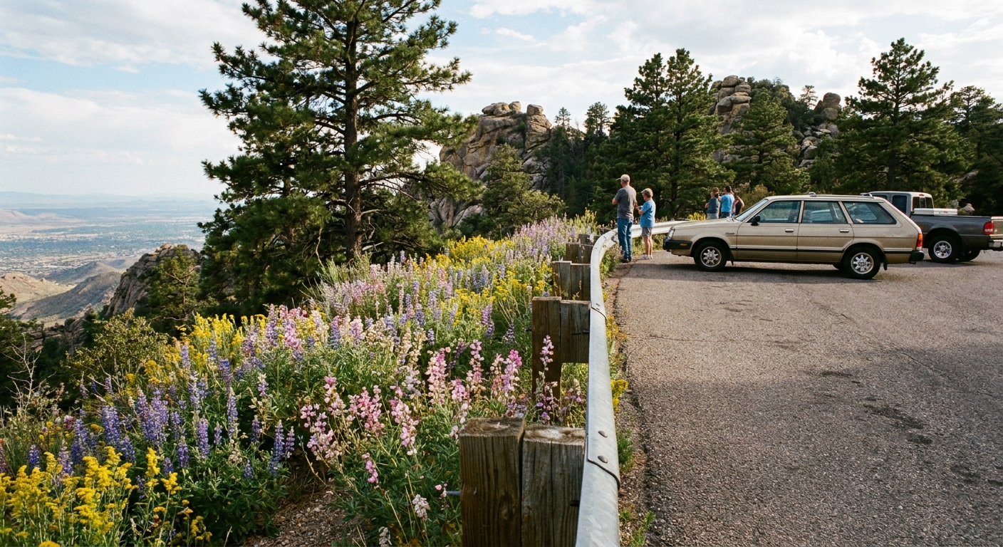 A real photograph of a roadside turnout on the Mount Lemmon Highway in the Santa Catalina Mountains above Tucson, with a patch of mountain wildflowers beside the road and pine trees in the background