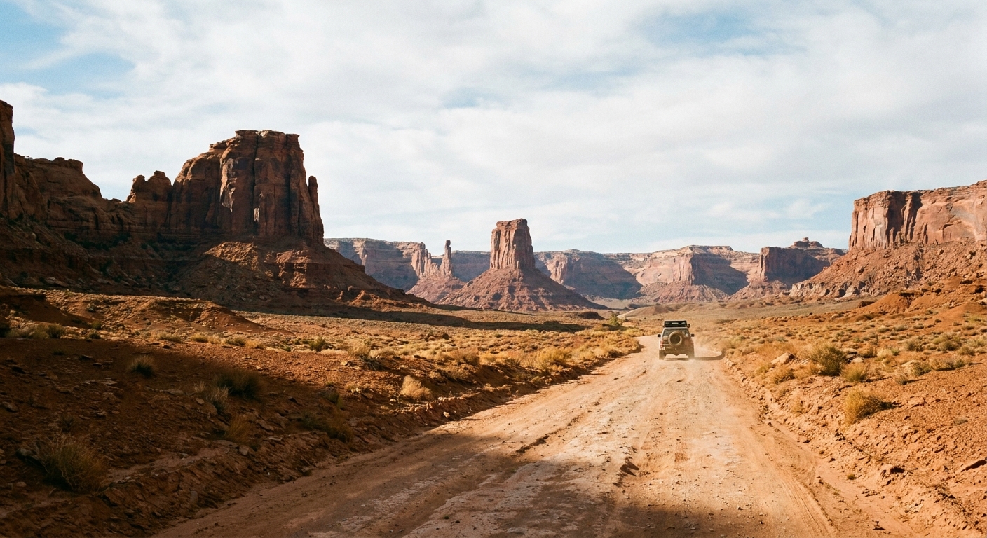 A real photograph of a rugged dirt road winding through red rock desert terrain in the Maze District, with a high-clearance vehicle in the distance