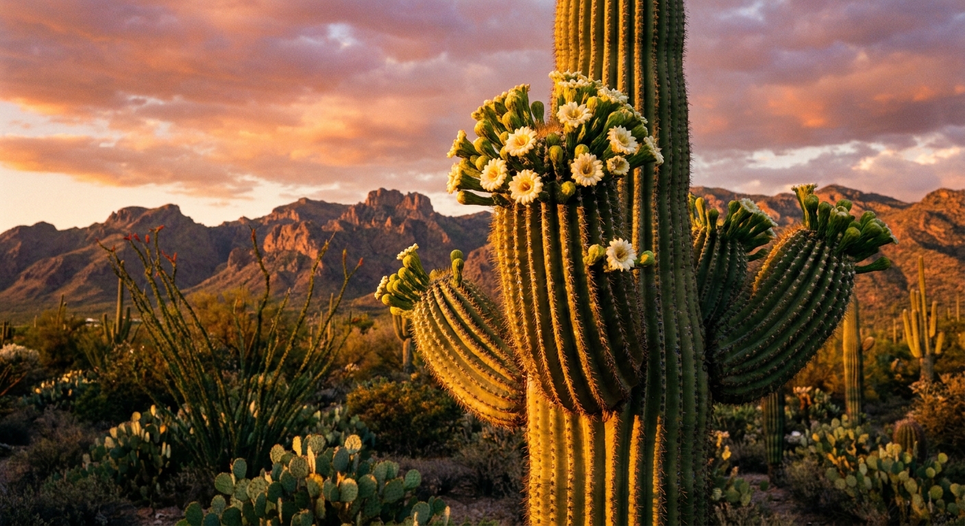 A real photograph of a saguaro cactus in bloom with several creamy white blossoms near the crown, taken in Saguaro National Park East near Tucson with warm sunrise light and distant desert hills
