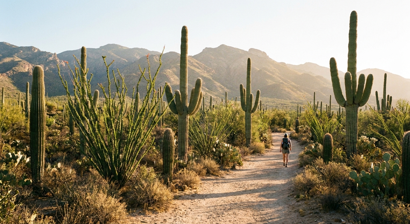 A real photograph of a sandy desert trail winding past multiple saguaros in the Rincon Mountain District of Saguaro National Park in soft morning light