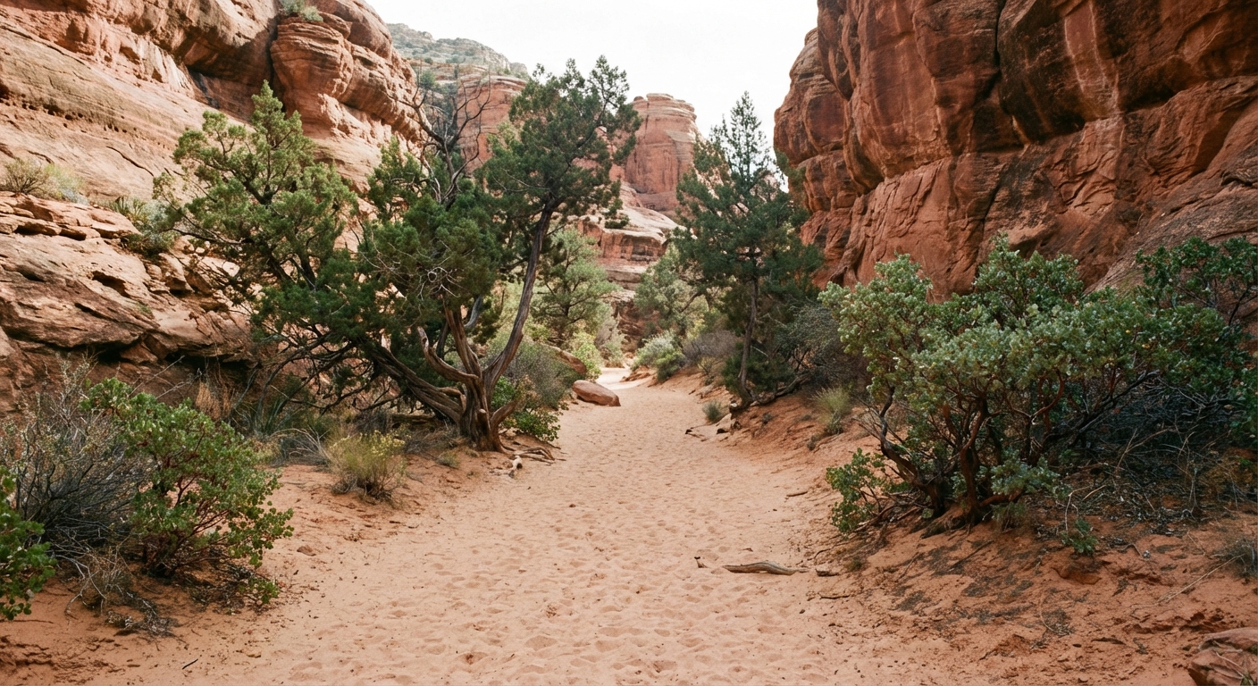 A real photograph of a sandy trail leading into Fay Canyon in Sedona, with red rock canyon walls and juniper trees framing the path under soft daylight, natural landscape photography