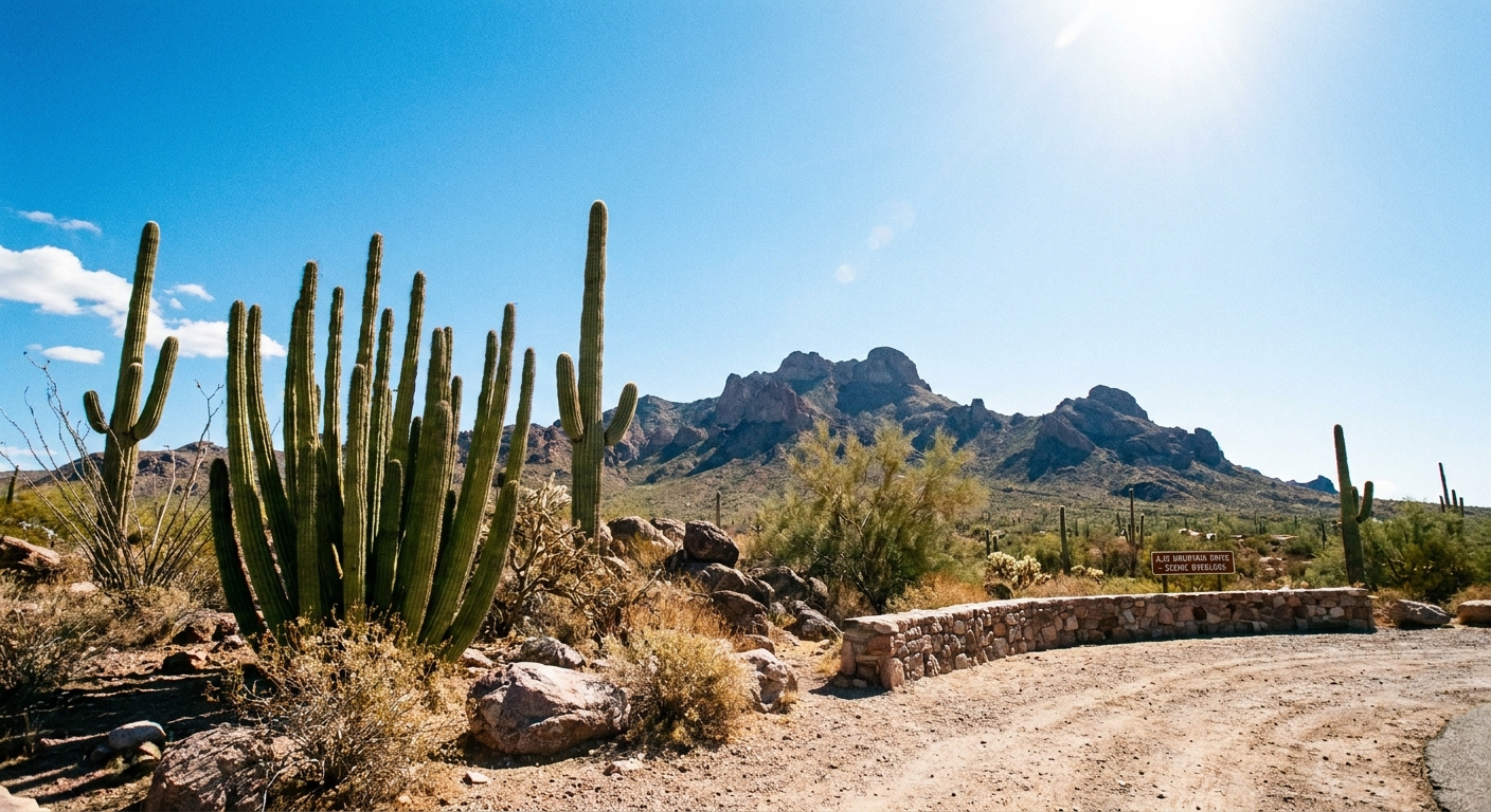 A real photograph of a scenic pullout along Ajo Mountain Drive in Organ Pipe Cactus National Monument, with organ pipe cactus and saguaro in the foreground and rugged desert mountains under a bright blue sky
