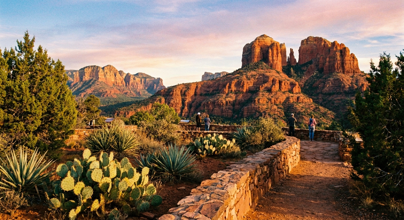 A real photograph of a scenic turnout near Sedona with expansive red rock views, desert vegetation in the foreground, and warm afternoon light