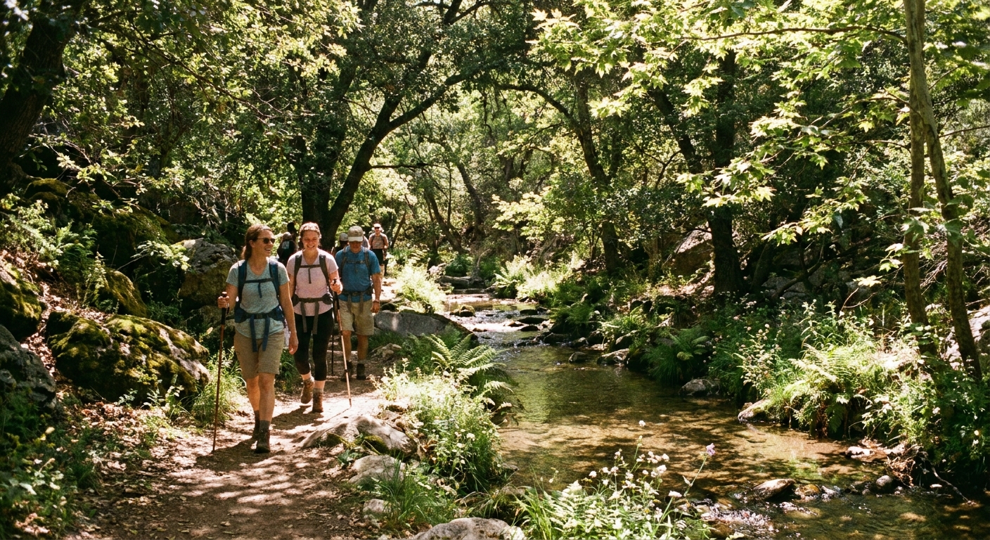 A real photograph of a shaded creekside trail in Madera Canyon with dappled light through oak leaves and hikers walking beside a shallow stream