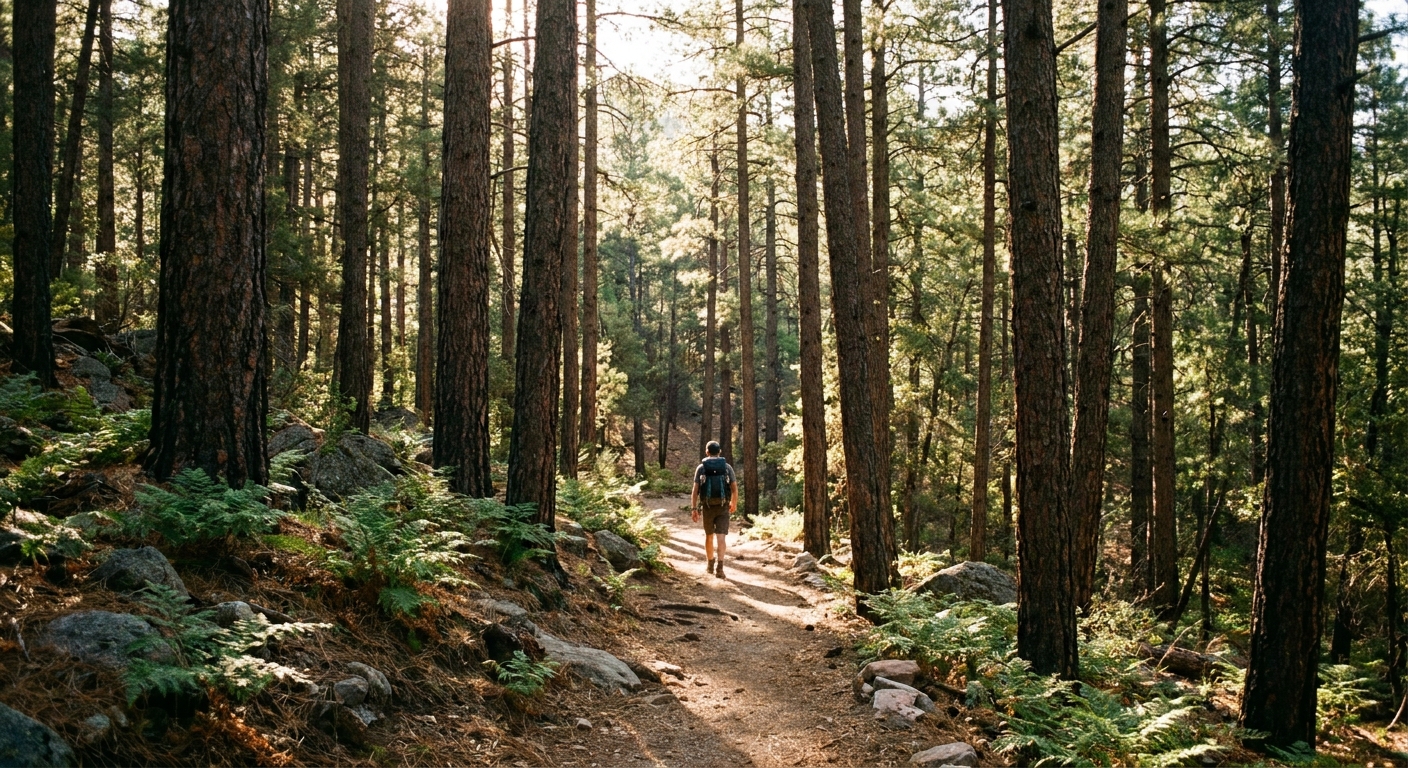 A real photograph of a shaded pine forest trail in the Santa Catalina Mountains with tall trunks, dappled sunlight, and a hiker walking away from the camera