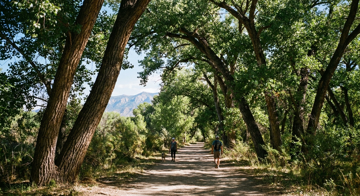 A real photograph of a shaded walking path in the Rio Grande bosque in Albuquerque with tall cottonwood trees and dappled sunlight