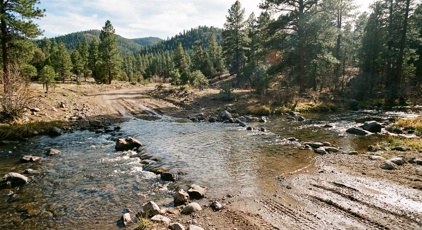A real photograph of a shallow creek crossing on a dirt road in the Gila National Forest with water flowing over the road and pine covered hills in the background