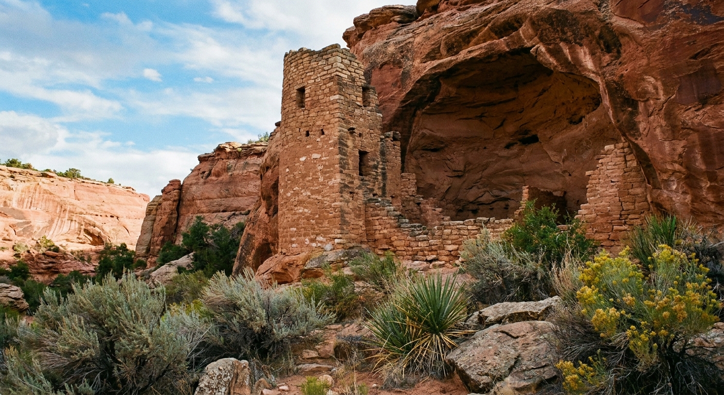 A real photograph of a single stone tower built into an alcove at Hovenweep National Monument, with weathered masonry blocks and desert shrubs in the foreground
