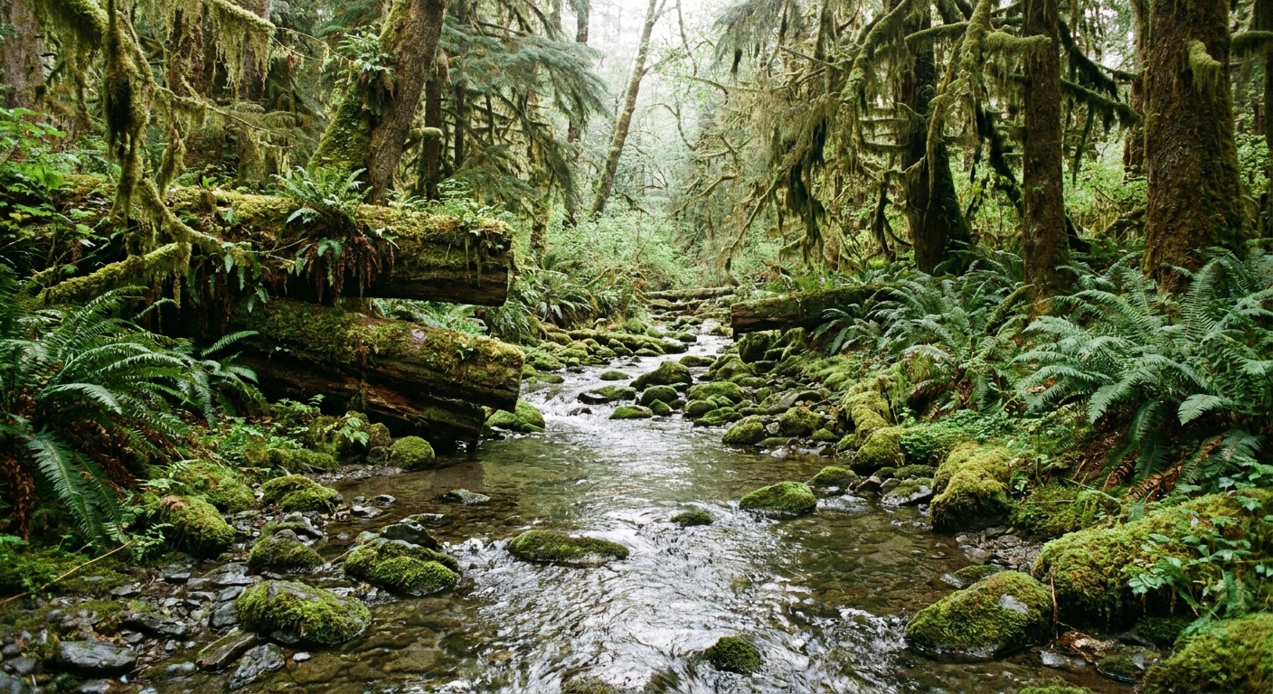 A real photograph of a small creek in the Hoh Rainforest flowing over mossy stones, with ferns and fallen logs along the banks and soft overcast light reflecting on the water