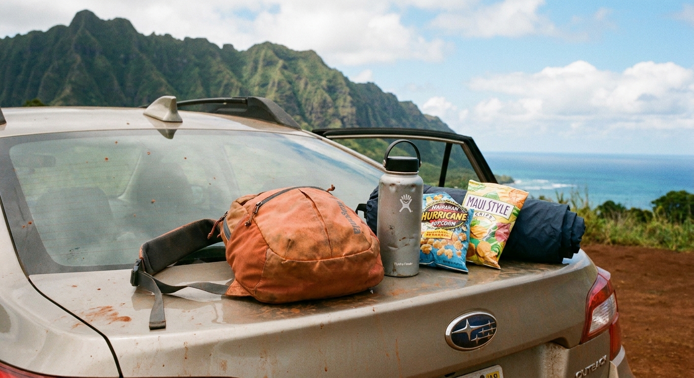 A real photograph of a small daypack on a car trunk with a reusable water bottle, a compact rain jacket, and trail snacks ready for a Kauai outing