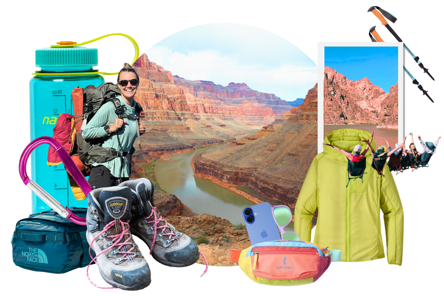 A real photograph of a small daypack open on a picnic table at the Grand Canyon North Rim, showing a reusable water bottle, a light jacket, trail snacks, and a paper map ready for a day hike