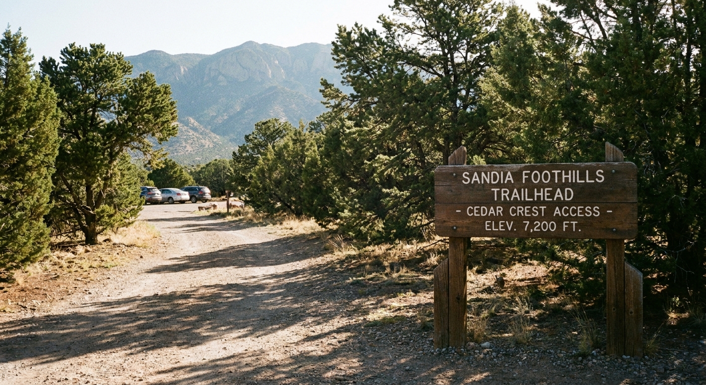A real photograph of a small dirt trailhead near Cedar Crest with piñon and juniper trees and a wooden sign, morning light in the Sandia foothills