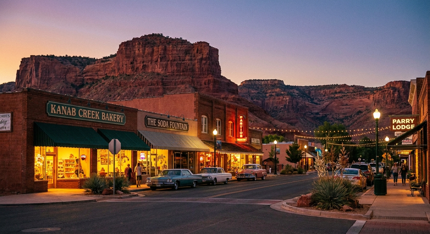 A real photograph of a small downtown street in Kanab, Utah in the evening with warm storefront lights, a few pedestrians, and red rock hills in the distance