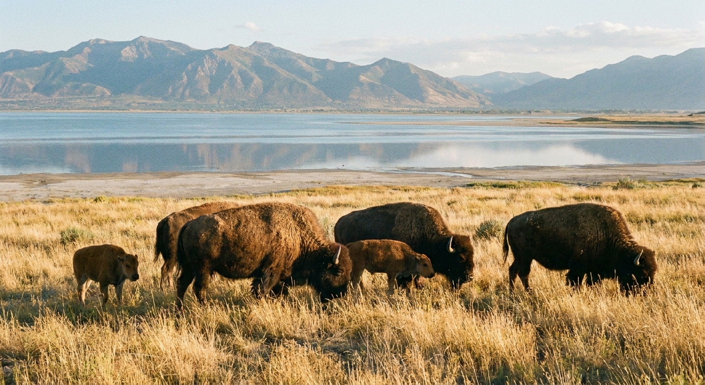 A real photograph of a small herd of American bison grazing in golden grass on Antelope Island, with the Great Salt Lake and distant mountains behind them