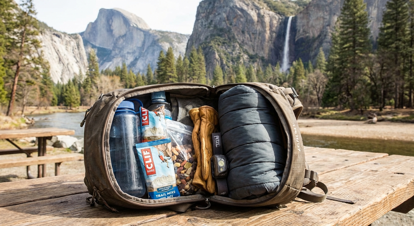 A real photograph of a small hiking backpack open on a picnic table in Yosemite Valley with water bottles, snacks, gloves, a headlamp, and a lightweight jacket neatly packed