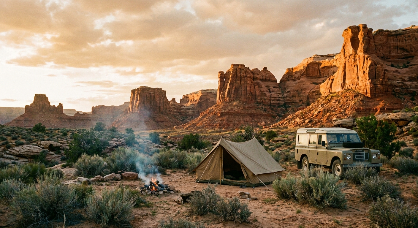 A real photograph of a small remote desert campsite in Canyonlands Maze District at golden hour, with a tent pitched on sandy ground and red rock cliffs in the background