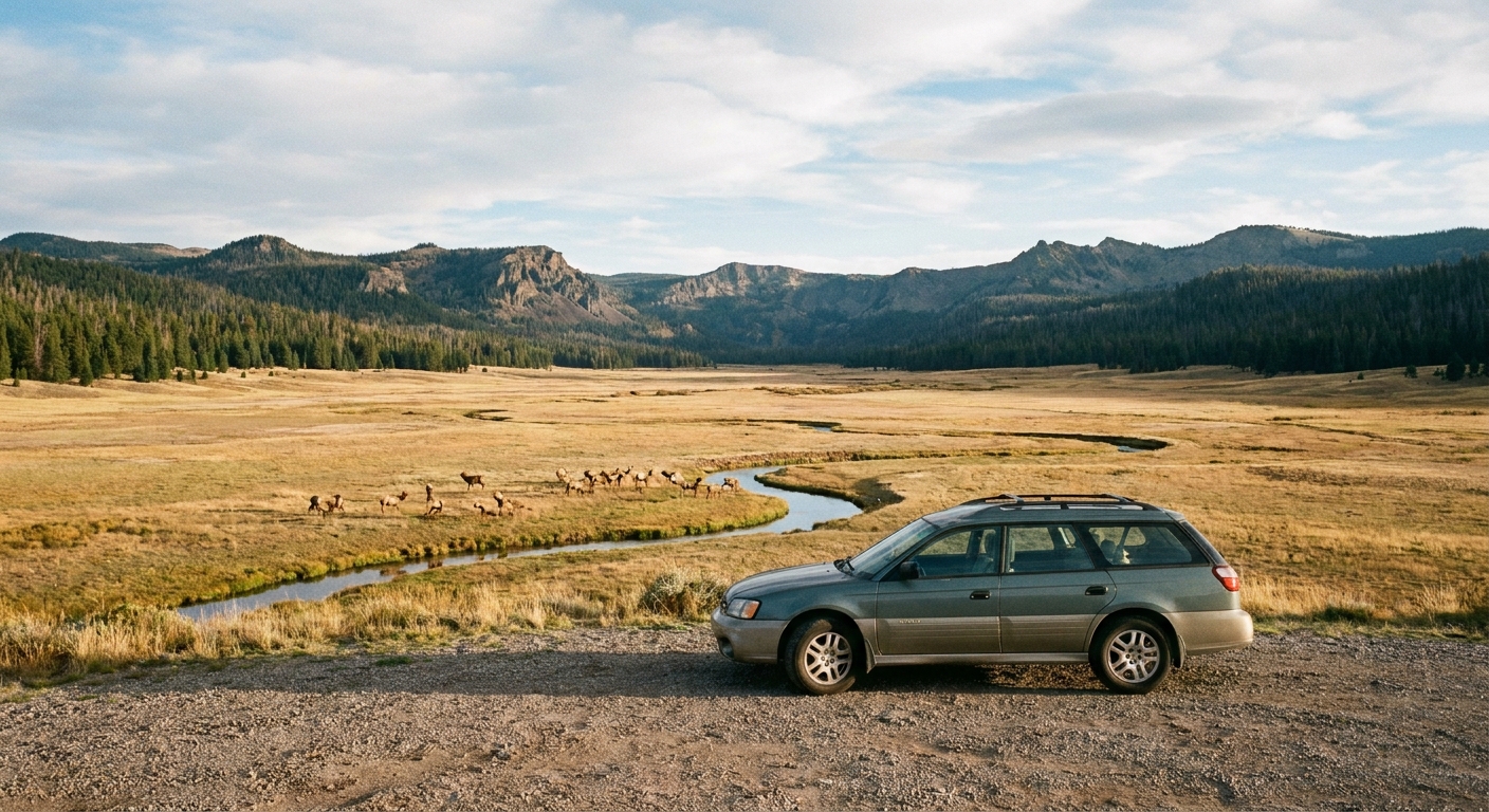 A real photograph of a small roadside pullout on NM-4 with a parked car and a sweeping view into the Valle Grande meadow, with pine forest and volcanic ridges in the distance