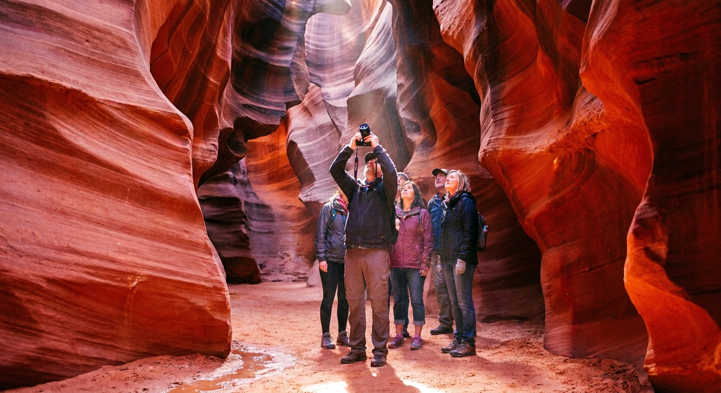 A real photograph of a small tour group inside Upper Antelope Canyon with one person holding a camera up toward the glowing sandstone walls, Page, Arizona