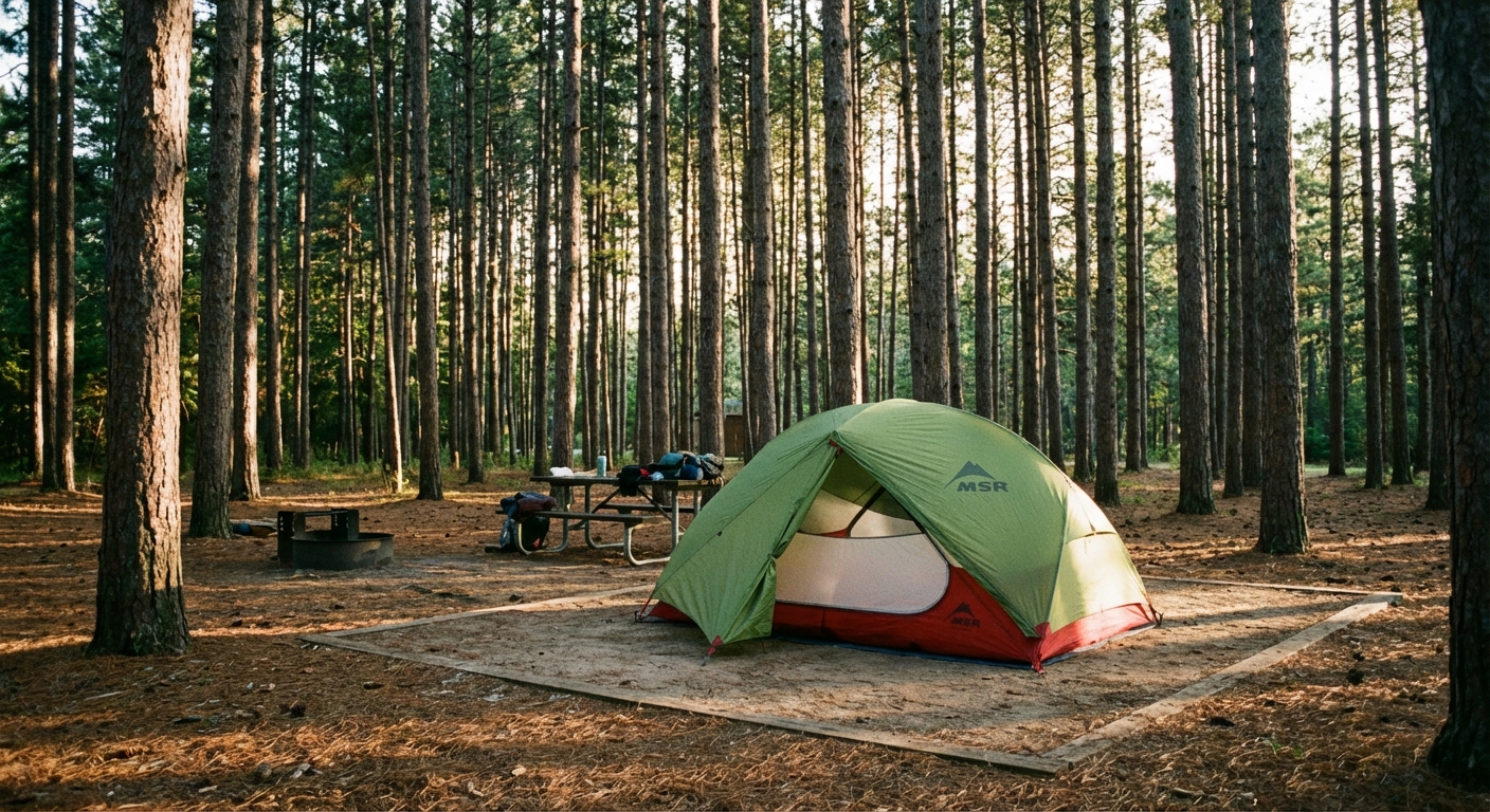A real photograph of a small two-person tent pitched on a dirt tent pad in a pine forest campground, rainfly attached, late afternoon light