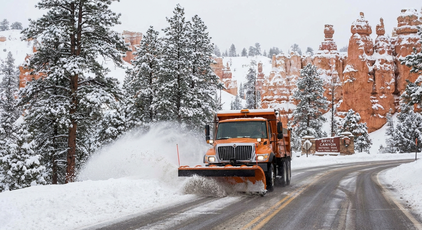 A real photograph of a snowplow clearing the Main Park Road inside Bryce Canyon National Park with pine trees and snowbanks lining the roadway